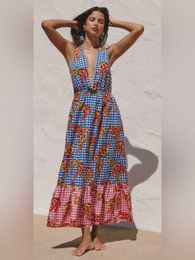 FARM RIO X ANTHROPOLOGIE TIERED COTTON MAXI DRESS  Banana print